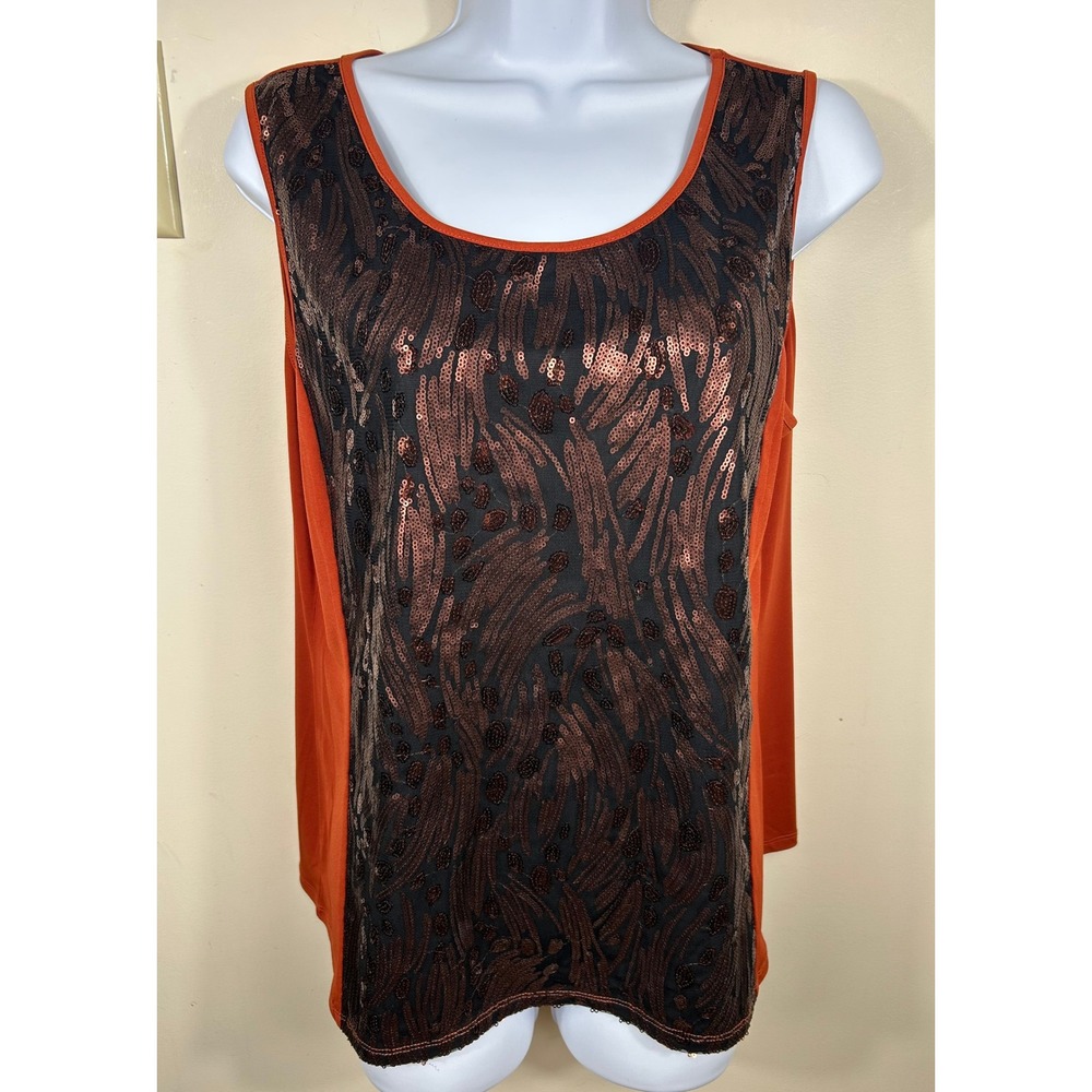 Bob Mackie Sequin Tank Top Women M Rust Orange Abstract Wearable Art Glam Bold